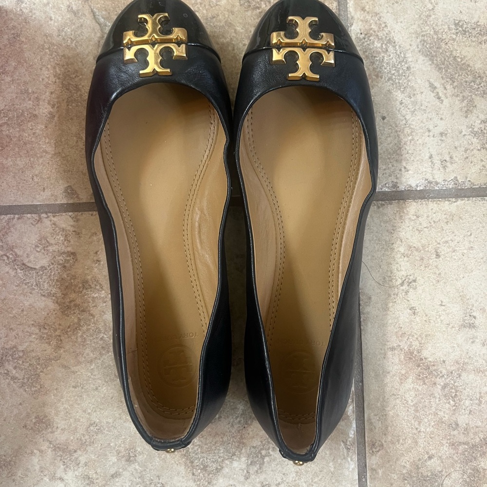 Tory Burch Black and Gold Ballet Flats with Signature Logo